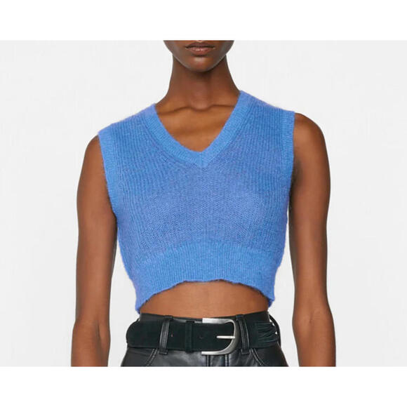 FRAME Sweater Top Small Shrunken Mohair Vest Blue Cropped Knit V-Neck Orig $255 - Picture 7 of 9